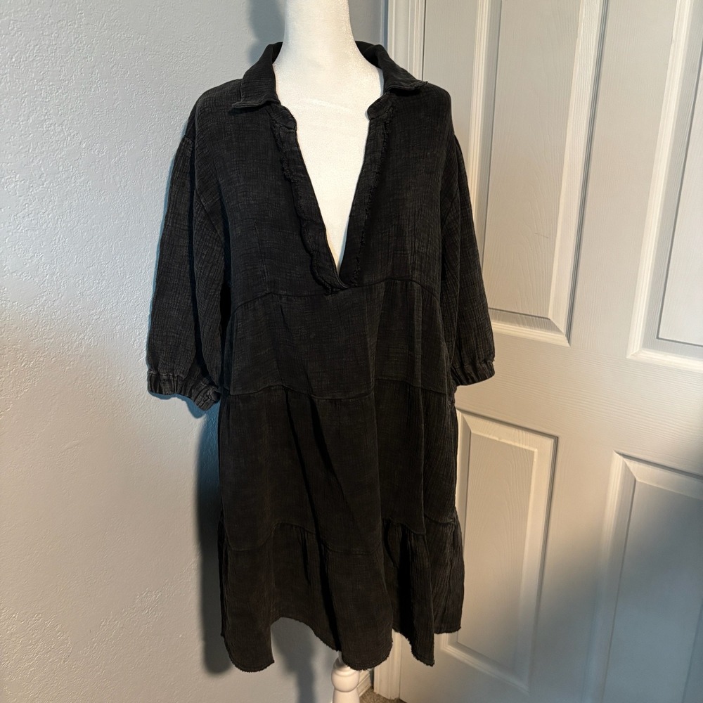 Umgee Boho Beachy Tiered Gauze Dress Mineral Wash Black Raw Edge Fringe Medium - Picture 2 of 15